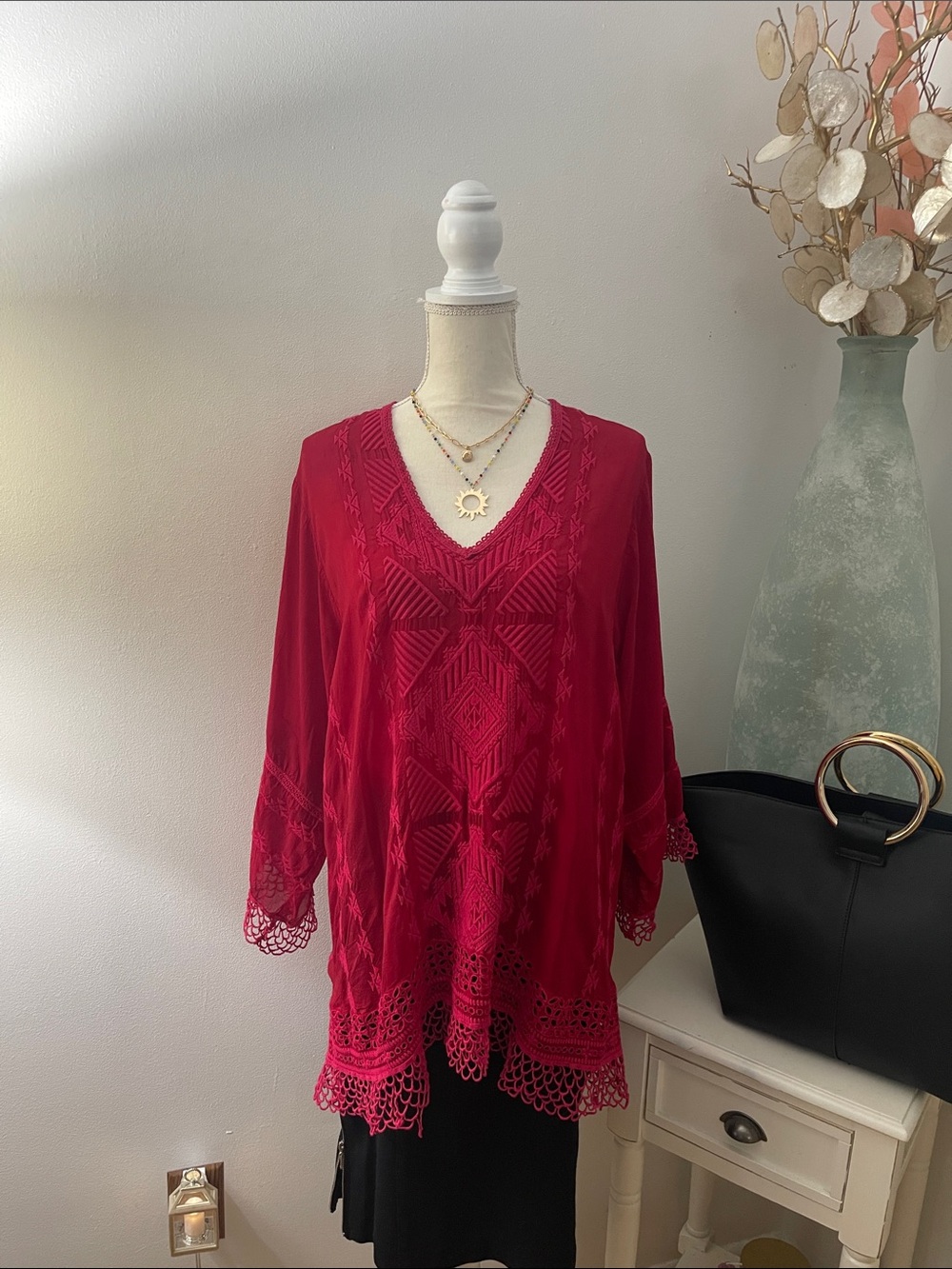 Johnny Was Red Embroidered Tunic Blouse